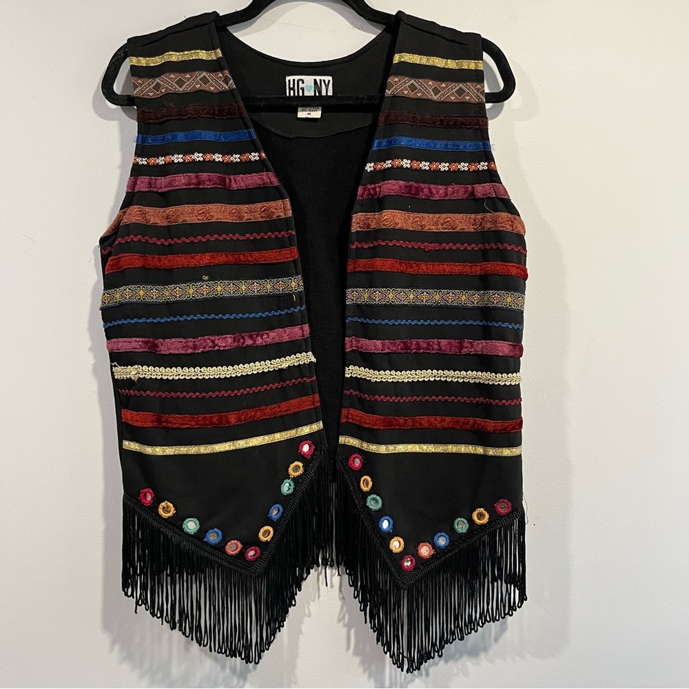 Vintage boho HY NY fringe vest mirrors striped women’s medium